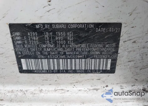 2021 Subaru Impreza Sport z USA, uszkodzony, nr VIN 4S3GKAM63M3606121